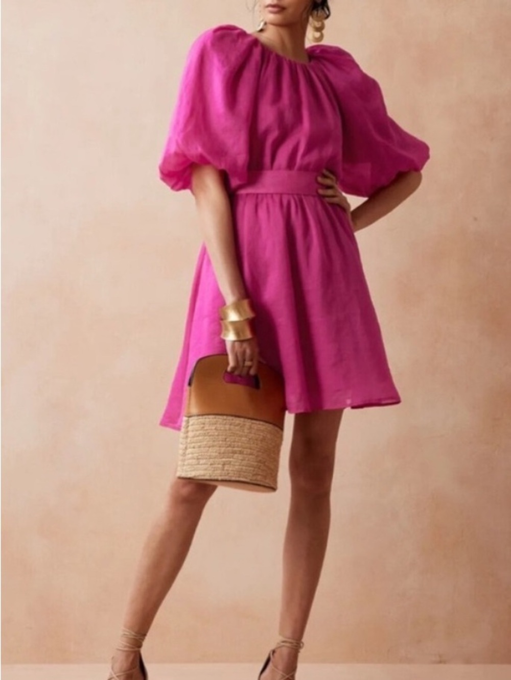 Banana Republic Magenta Puff-Sleeve Mini Dress